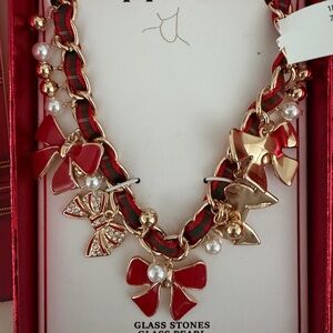 NEW Piper K Glass Stones Red & Gold Christmas Holiday Bow Necklace